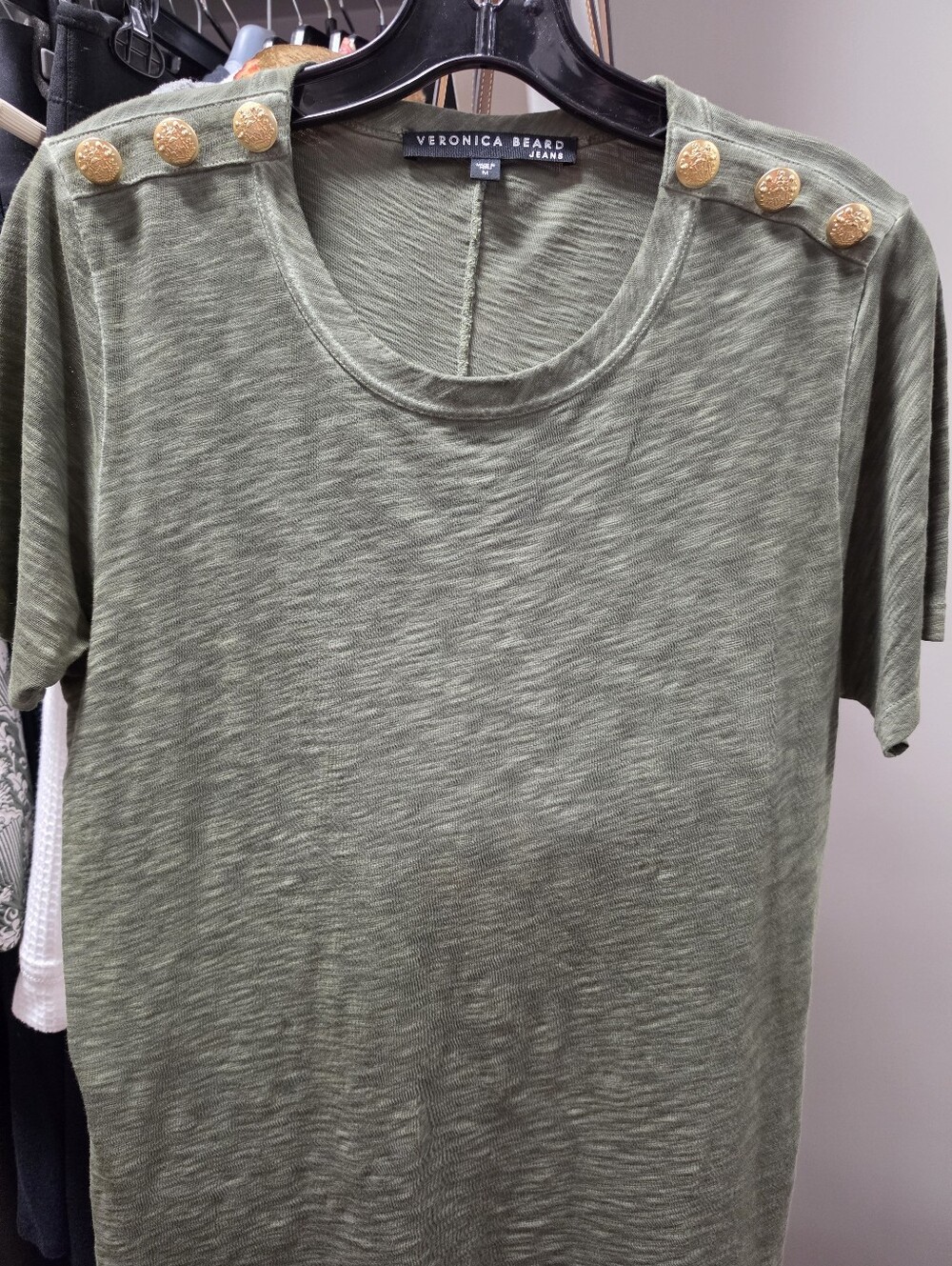 Veronica Beard Olive Short Sleeve Tee with Gold Button Shoulder Detail